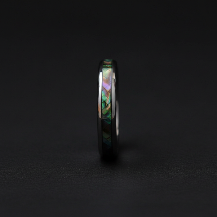 The Moana 4mm tungsten ring with an iridescent Paua shell inlay