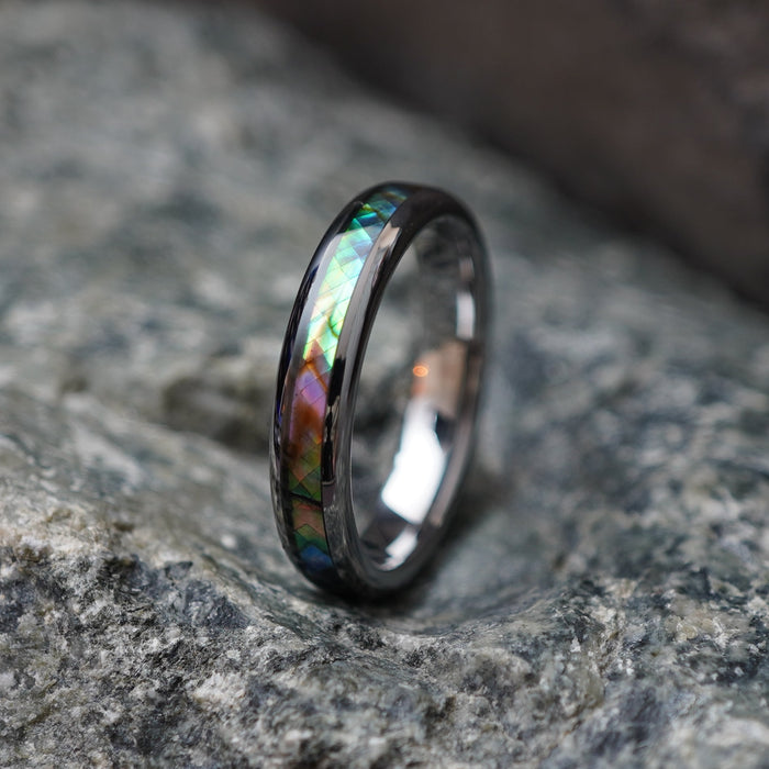 The Moana 4mm engravable tungsten ring with Paua shell inlay