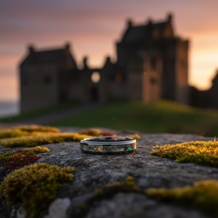 The Moana ring on mossy stone at Scottish ruins