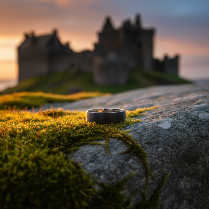 The Monaco 6mm ring on mossy stone at Scottish castle ruins