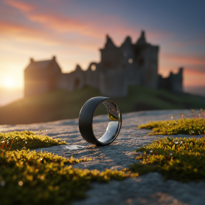 The Monaco 8mm ring on mossy stone at Scottish ruins