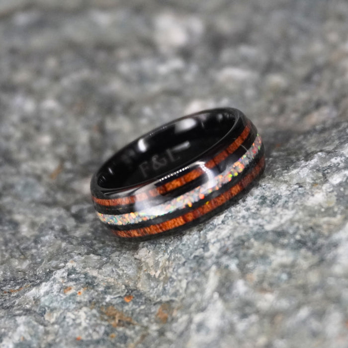 The Opallios 8mm ring with Koa wood and opal double inlay