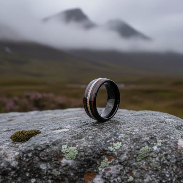 The Opallios 8mm black comfort-fit double-inlay ring