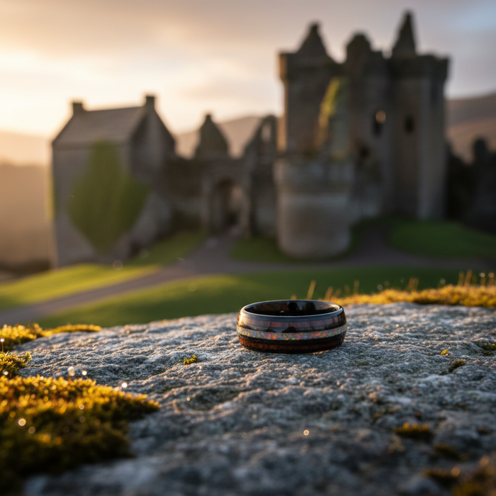 The Opallios 8mm ring on mossy stone at Scottish ruins