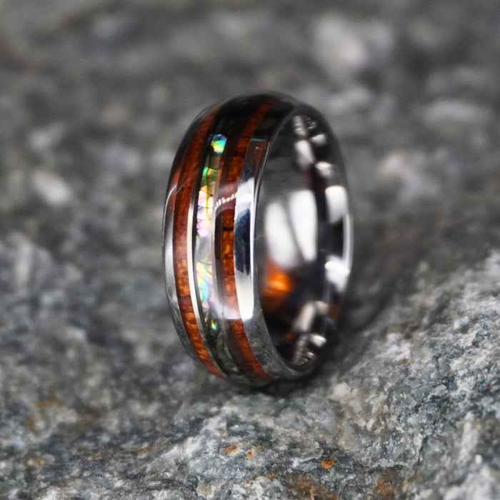 The Paua 8mm ring with Paua shell and Koa wood inlays