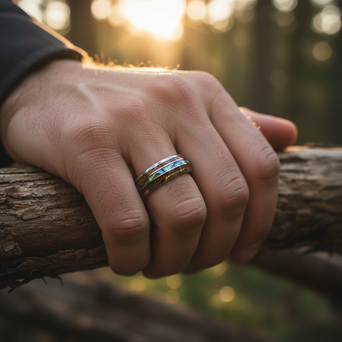 The Paua 8mm ring worn on a hand outdoors