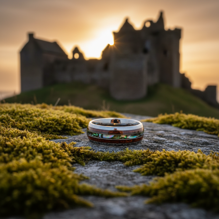 The Paua 8mm ring on moss at castle ruins