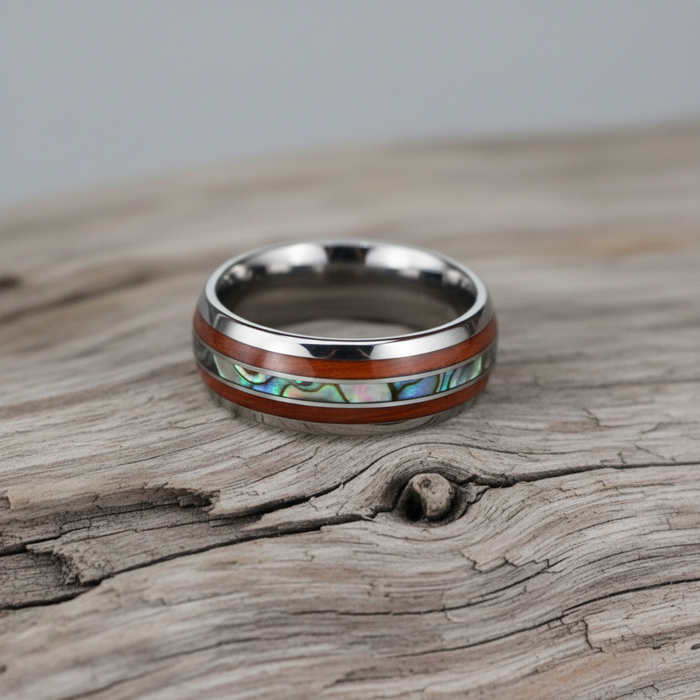 The Paua 8mm round-profile tungsten ring with Paua shell and Koa wood