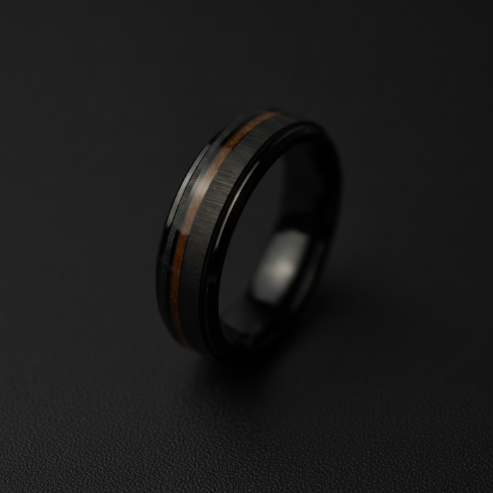 The Peat 6mm black tungsten ring with Koa wood inlay