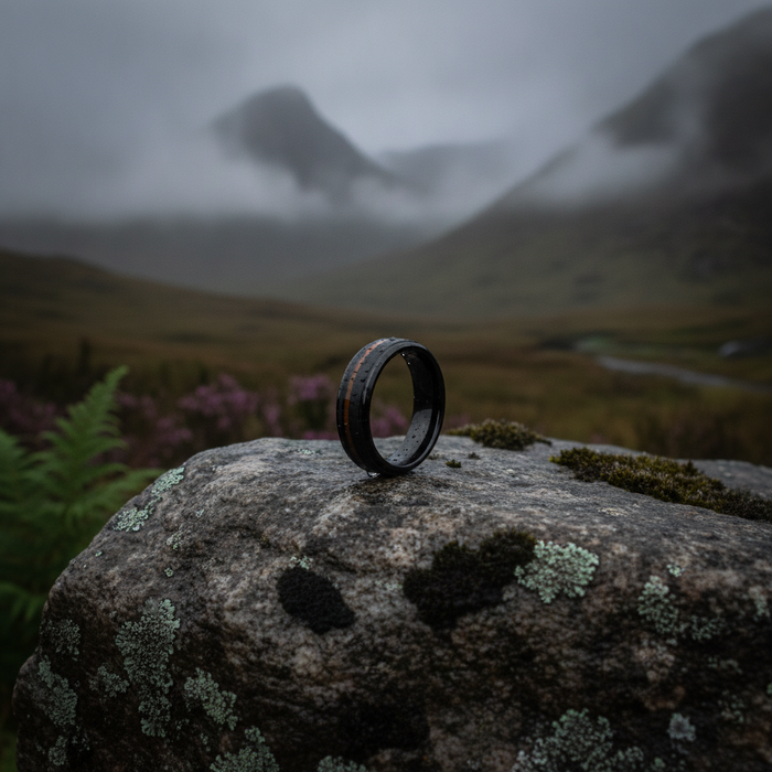 The Peat 6mm bevelled ring showing the Koa wood grain