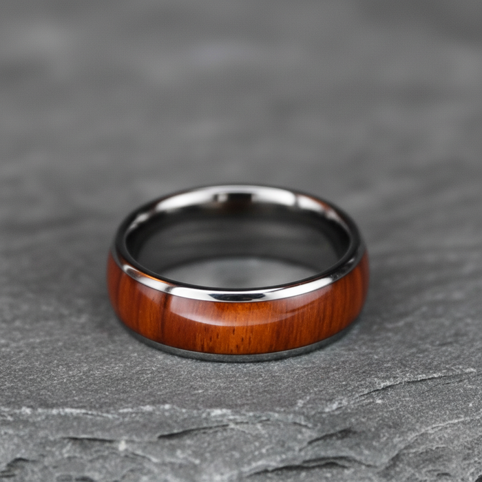 The Royal 8mm tungsten ring with Koa wood inlay