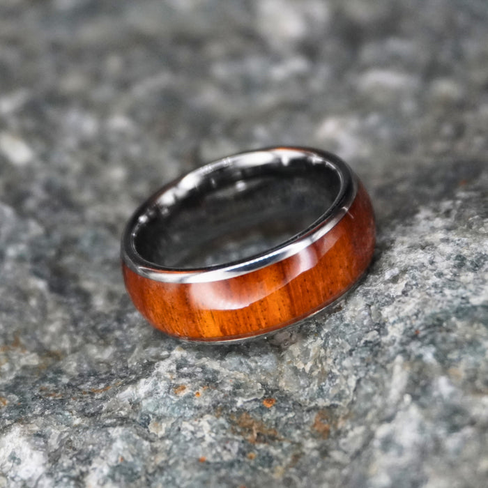 The Royal 8mm ring showing the Koa wood inlay
