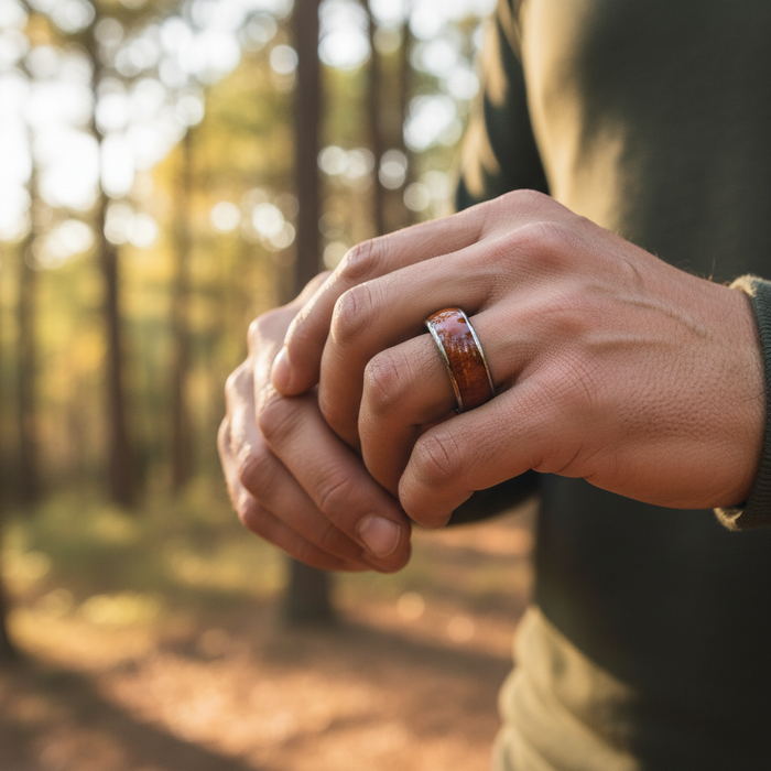 The Royal 8mm ring worn on a hand outdoors