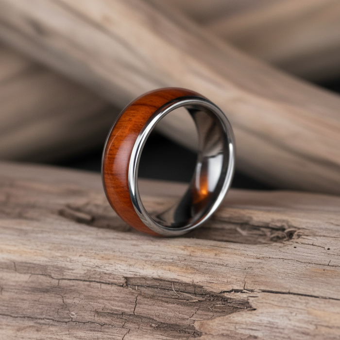 The Royal 8mm tungsten ring with Koa wood inlay