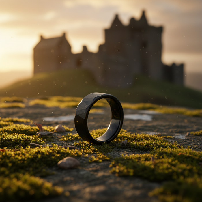The Slate 8mm black tungsten ring shown from above