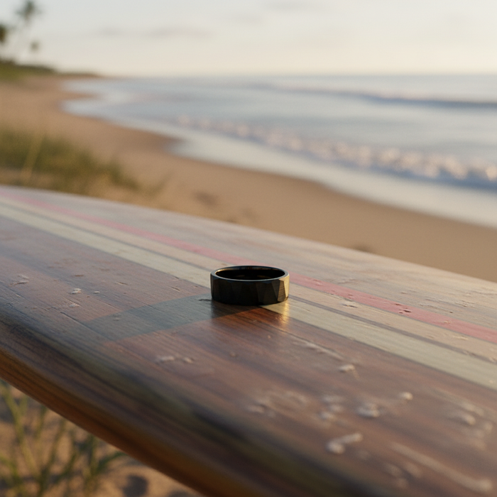 The Slate 8mm faceted black plated tungsten band