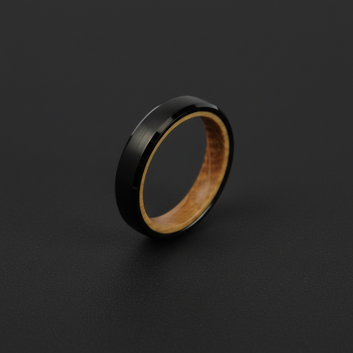 The Speyside 4mm, a bevelled black plated tungsten band with a whisky barrel oak interior
