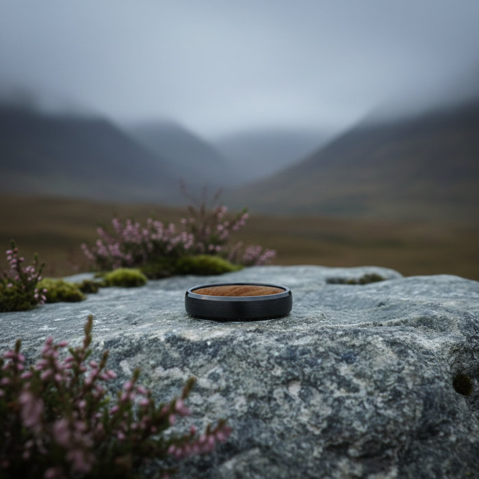 The Speyside 4mm ring on a rocky surface with a misty landscape behind