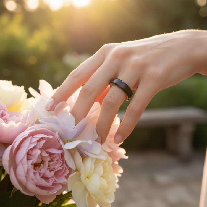 The Speyside 4mm ring worn on a hand near pastel roses