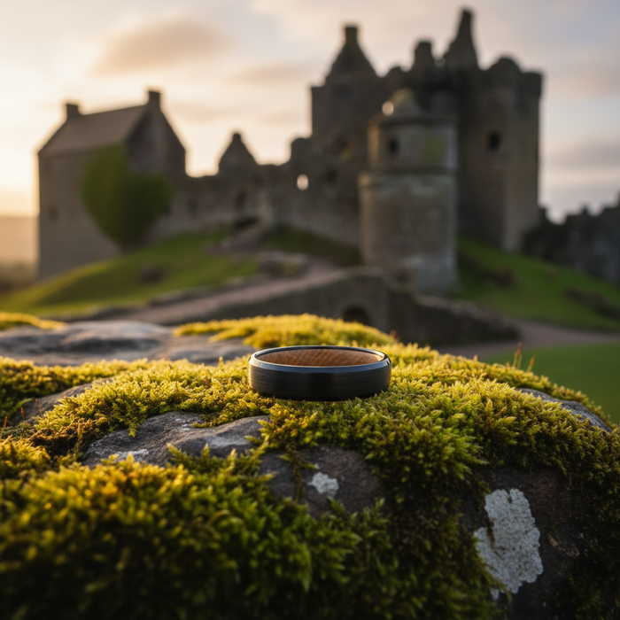 The Speyside 4mm ring on mossy stone at Scottish castle ruins