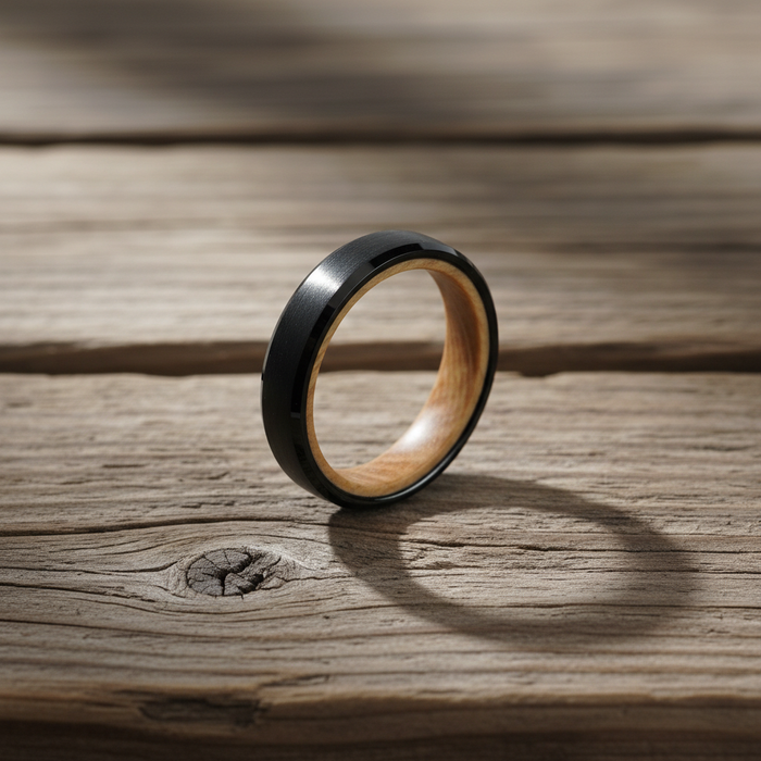 The Speyside 4mm black bevelled ring with barrel oak interior