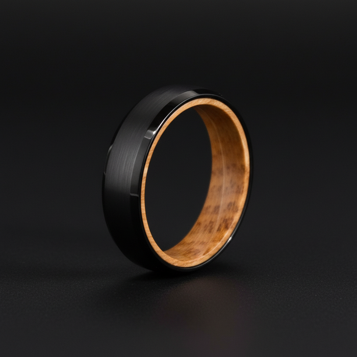 The Speyside 6mm, a black bevelled ring with a whisky barrel oak inlay