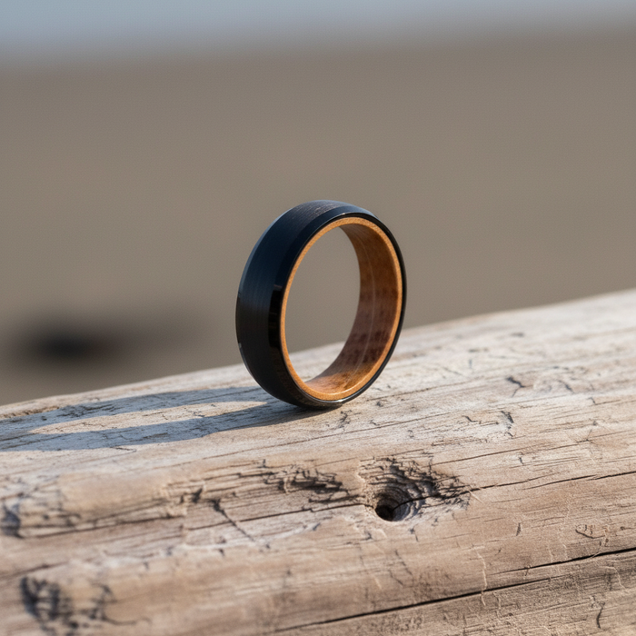 The Speyside 6mm ring resting on pale driftwood