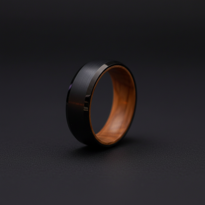 The Speyside 8mm, a black bevelled ring with a whisky barrel oak inlay