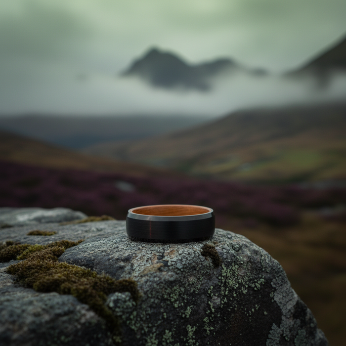 The Speyside 8mm ring on a mossy rock with a misty mountain backdrop