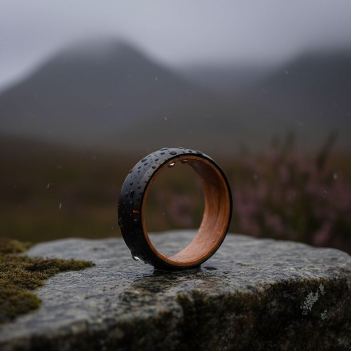 The Speyside 8mm ring resting on stone against a misty landscape