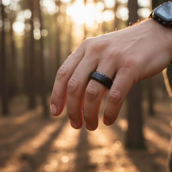 The Speyside 8mm black bevelled ring with barrel oak inlay
