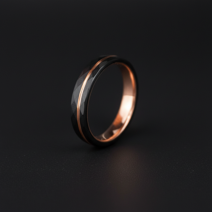 The Tana, a 4mm faceted band in rose gold and black plated tungsten