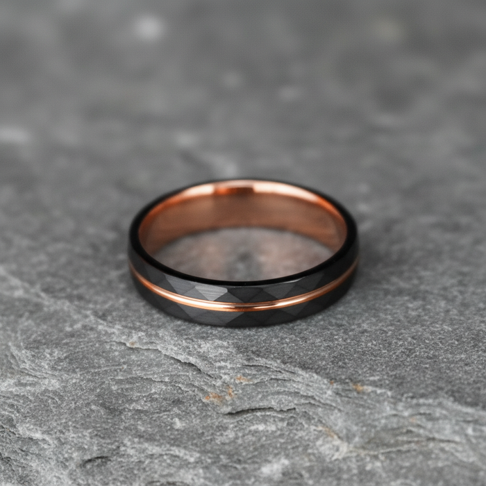 The Tana 4mm rose gold and black plated tungsten ring
