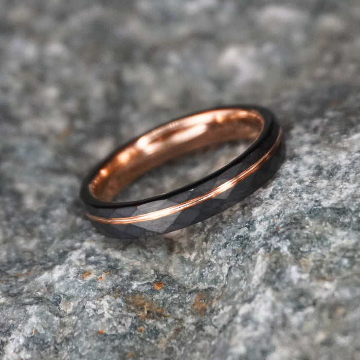 The Tana 4mm black and rose gold faceted ring