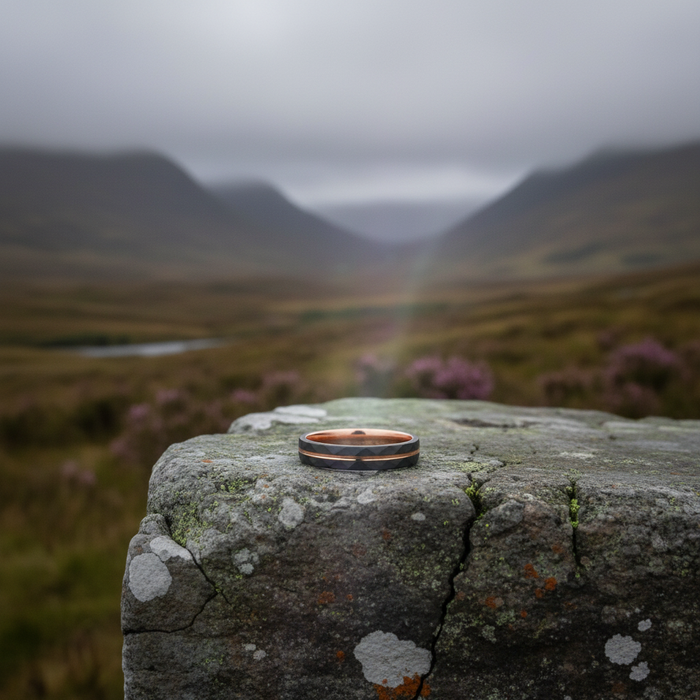The Tana 4mm ring on a mossy rock with a misty valley behind