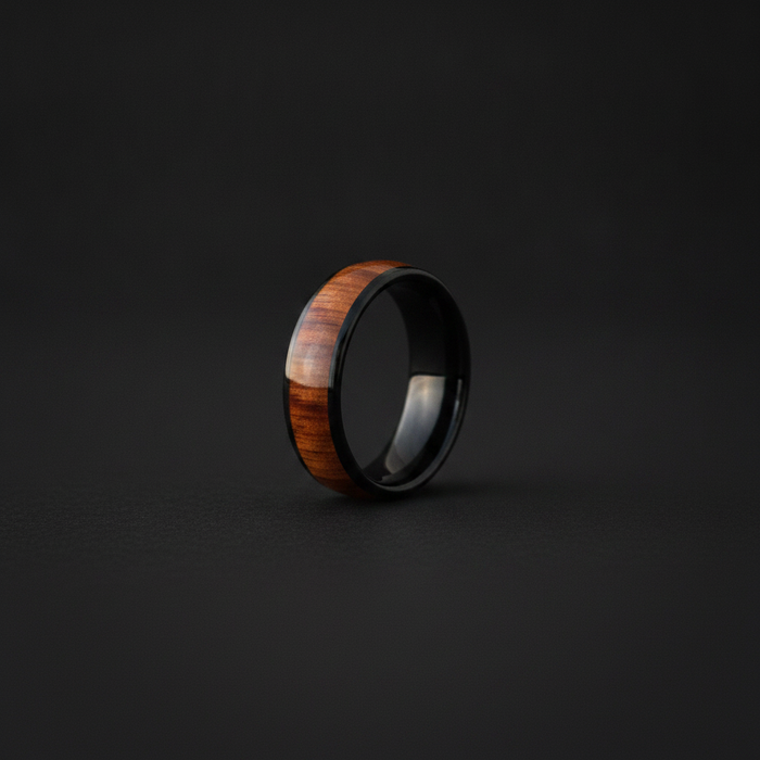 The Ukulele 8mm black tungsten ring with Koa wood inlay