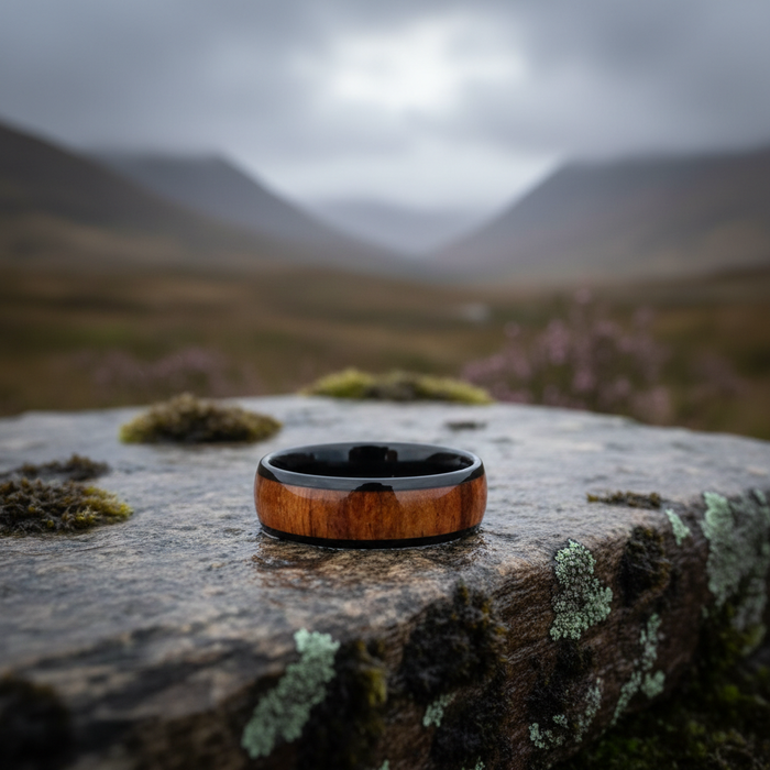The Ukulele 8mm black tungsten comfort-fit ring with Koa wood inlay