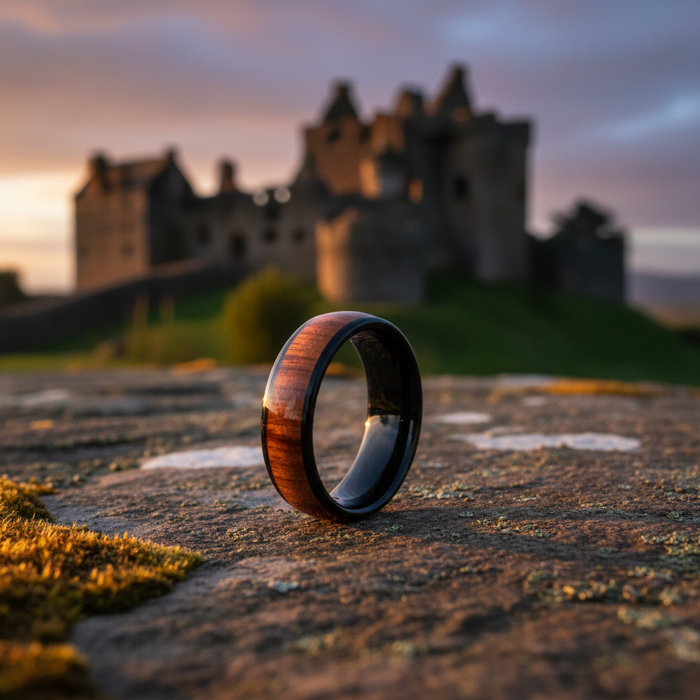 The Ukulele 8mm ring on mossy stone at Scottish castle ruins