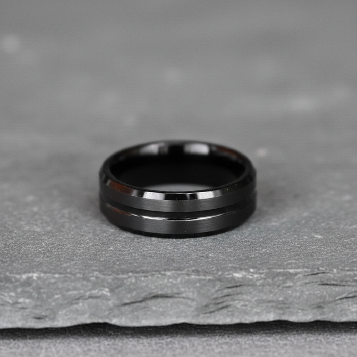 The Waka, an 8mm bevelled black plated tungsten band