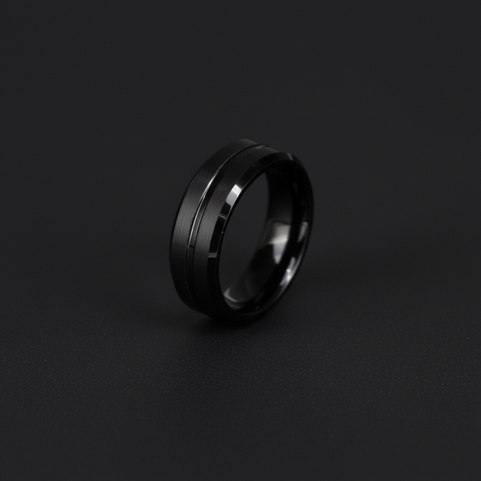The Waka 8mm black tungsten ring with subtle grooves