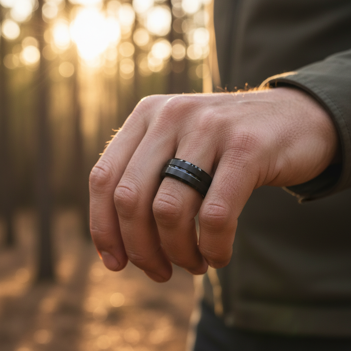The Waka 8mm ring worn on a hand in natural light