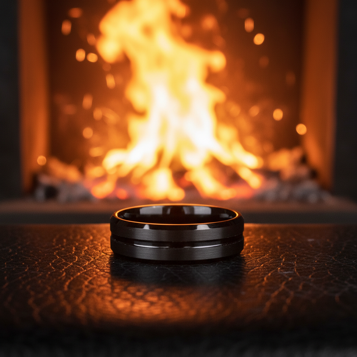 The Waka 8mm black ring against a glowing fireplace
