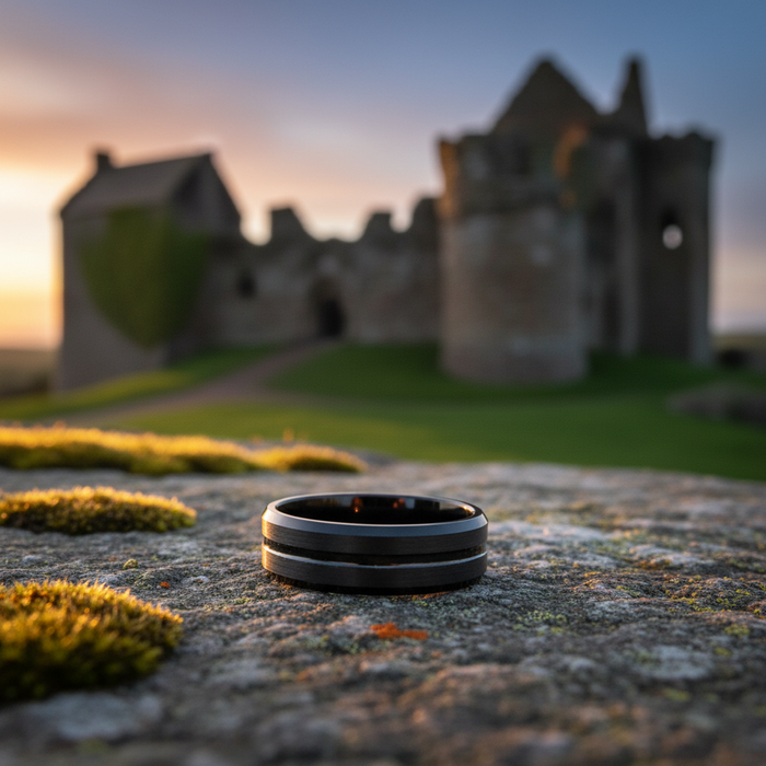The Waka 8mm bevelled band on mossy stone at sunset