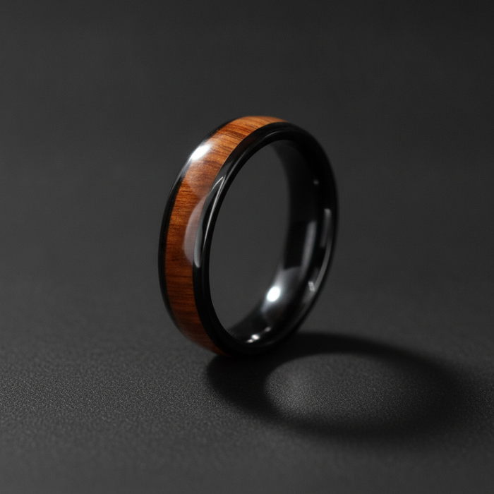 The Warrior, a 6mm round-profile black plated tungsten band with a Koa wood inlay