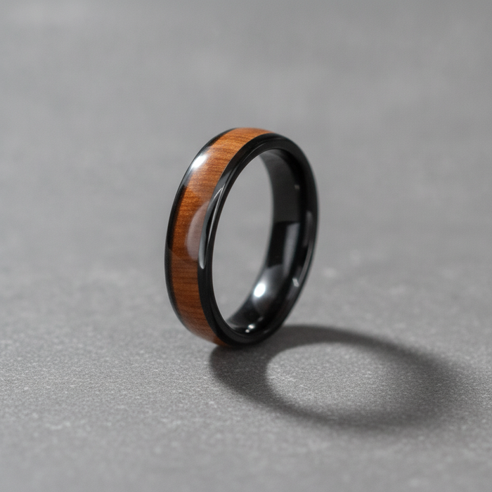 The Warrior 6mm black tungsten ring with Koa wood inlay