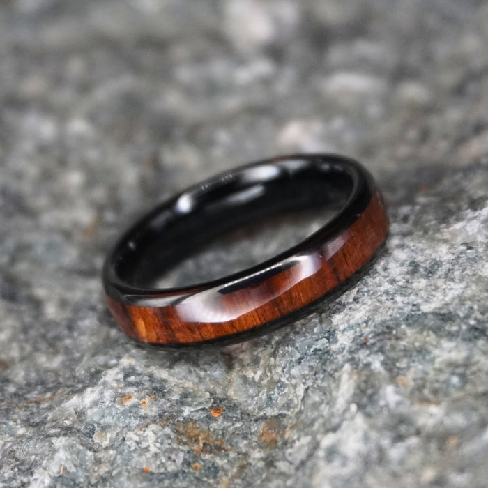 The Warrior 6mm ring showing the Koa wood inlay