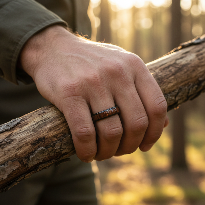 The Warrior 6mm ring worn on a hand outdoors