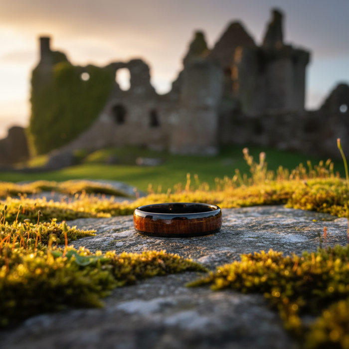 The Warrior 6mm ring on moss with castle ruins behind