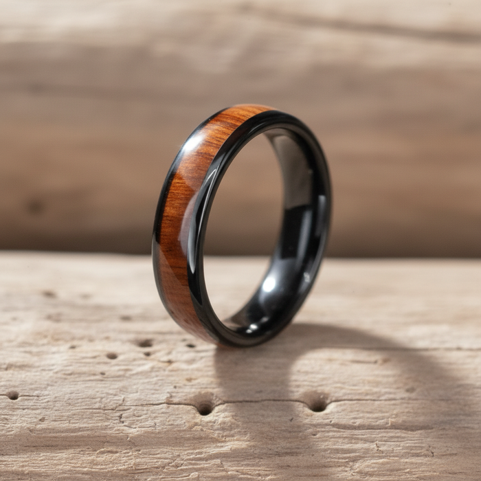 The Warrior 6mm black tungsten and Koa wood ring