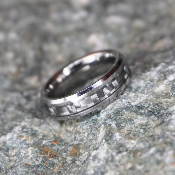 The Weaver 6mm bevelled tungsten ring with carbon fibre inlay
